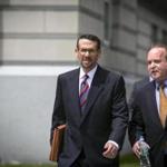 David Wildstein (left), with his lawyer, Alan Zegas, pleaded guilty to conspiracy charges in federal court Friday.