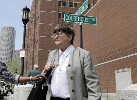 Death penalty opponent Sister Helen Prejean left federal court in Boston.
