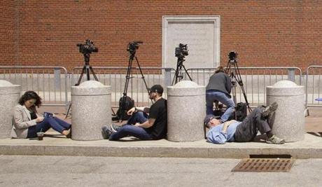 Members of the media waited outside the courthouse during closing statements Wednesday.  
