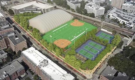 A deal that Northeastern struck with Boston calls for the school  to fix up a public park, building a football-baseball field plus a second field that can be enclosed with a bubble during winter. 
