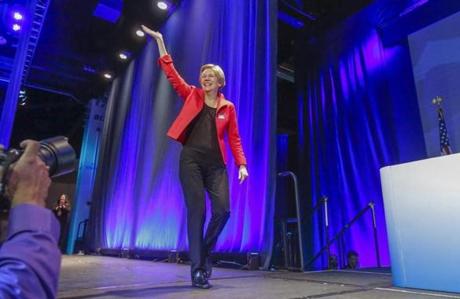 Senator Elizabeth Warren greeted the audience at the California Democrats State Convention in Anaheim, Calif., on Saturday. The former Harvard law professor depends upon an intimate knowledge of banking and economic regulations.
