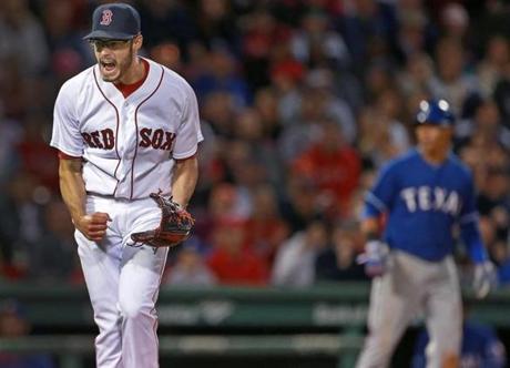 Joe Kelly reacted after getting a strikout to end the seventh inning.
