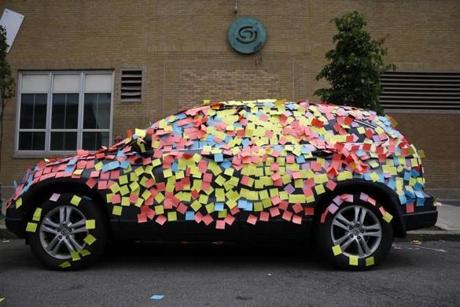 Headmaster Anne Clark?s car was covered in sticky notes.
