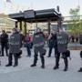 Police in Cleveland stood guard Saturday outside the Cleveland Indians? ballpark, Progressive Field, during demenstrations in reaction to a police officer?s acquittal on charges of shooting two unarmed black suspects.
