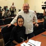 Washington Post journalist Jason Rezaian and his wife Yeganeh Salehi were seen during a 2013 press conference in Tehran, Iran.