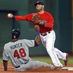06/03/15: Boston, MA: Red Sox 2B Dustin Pedroia fires to firstbase to complete a top of the sixth inning ending 6-4-3 double play hit into by the Twins Trevor Plouffe. Torii Hunter was forced at 2nd. The play caused Boston starting pitcher Rick Porcello to pump his fist in approval. The Boston Red Sox hosted the Minnesota Twins in the second game of a day-night doubleheader MLB baseball game at Fenway Park. (Globe Staff Photo/Jim Davis) section: sports topic: Red Sox-Twins (1)