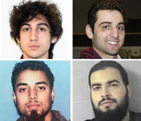 Dzhokhar and Tamerlan Tsarnaev (top right and top left) carried out the Marathon bombings; Rezwan Ferdaus (bottom left) planned to crash model planes laden with explosives into government buildings; and Tarek Mehanna (bottom right) translated documents for Al Qaeda.
