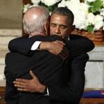 Vice President Joe Biden and President Obama embraced during the funeral Mass for Biden?s son, Beau, on Saturday in Wilmington, Del.