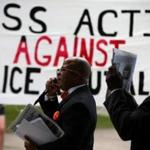 Randy Muhammad of the Nation of Islam spoke at a rally before the Mass Action Against Police Brutality March on Saturday.