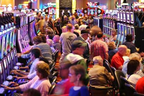 The Plainridge Park Casino was crowded at 2:30 p.m. Wednesday, after it opened to the public.
