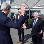 Secretary of State John Kerry greeted Energy Secretary Ernest Moniz during a lunch break. 
