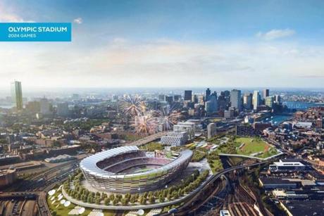 An image released as part of a revised Olympics bid shows the envisioned site for a stadium at Widett Circle.
