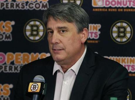 Boston Bruins President Cam Neely speaks during an NHL hockey news conference in Boston, Wednesday, April 15, 2015, regarding the club's decision to fire general manager Peter Chiarelli, days after missing the NHL playoffs for the first time in eight years. (AP Photo/Elise Amendola) 
