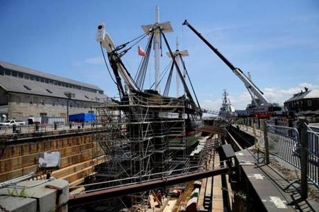 The USS Constitution, the oldest commissioned ship afloat in the Navy ? it was launched in 1797 and earned its nickname ?Old Ironsides? in the War of 1812 ? is in the midst of a three-year restoration at Dry Dock 1 at the Charlestown Navy Yard. 

