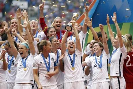 The United States team celebrated the 5-2 victory against Japan in the women's World Cup. 
