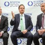 Rich Davey, chief executive of Boston 2024, Chairman Steve Pagliuca and architect David Manfredi spoke to the media after a  briefing held at the Boston Convention and Exhibition Center on June 29. 