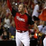 epa04845779 National League Todd Frazier of the Cincinnati Reds celebrates after winning the in the 2015 MLB All-Star Home Run Derby at the Great American Ball Park in Cincinnati, Ohio, USA, 13 July 2015. The National League will play the American League in MLB's 86th edition of the Major League Baseball All-Star Game to be played 14 July 2015. EPA/TANNEN MAURY