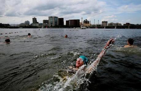 Barbara Grandbreg did the backstroke in the Charles River during CitySplash at the Esplanade. 
