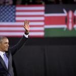 US President Barack Obama waves goodbye to the crowd, underneath American and Kenyan flags, after delivering a speech in Nairobi, Kenya on Sunday. Obama will continue his East African tour Sunday in Ethiopia.