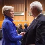 Senator Elizabeth Warren greeted former House Speaker Newt Gingrich before Monday?s forum.