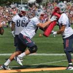 Foxborough, MA - 07/25/14 - New England Patriots tight end Rob Gronkowski (87) during blocking drills practice on the second day of Patriots training camp. - (Barry Chin/Globe Staff), Section: Sports, Reporter: Shalise Manza Young, Topic: 26Patriots, LOID: 7.4.449213867. 