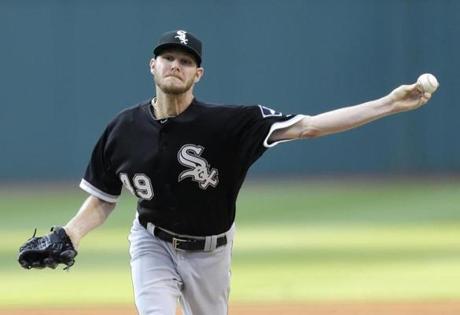 Chicago White Sox starting pitcher Chris Sale delivers in the first inning of a baseball game against the Cleveland Indians, Saturday, July 25, 2015, in Cleveland. (AP Photo/Tony Dejak)

