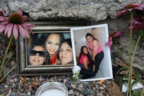 Photos were seen at a memorial for shooting victim Grisel Sanchez (center in left photo and at left in the right photo) at Puddingstone Park. 
