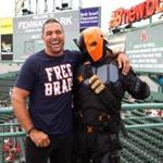 Actor Manu Bennett (left) met his character Deathstroke, played by Brian Anderson, at the Boston Comic Con Night at Fenway Park on Thursday. 