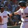 Boston, MA - 08/01/15 - (2nd inning) Boston Red Sox right fielder Jackie Bradley Jr. (25) and Boston Red Sox catcher Ryan Hanigan (10) bump fists after both scored on a double by Boston Red Sox shortstop Xander Bogaerts, not pictured, in the second inning. The Boston Red Sox take on the Tampa Bay Rays in Game 2 of a three game series at Fenway Park. - (Barry Chin/Globe Staff), Section: Sports, Reporter: Julian Benbow, Topic: 02Red Sox-Rays, LOID: 8.1.2353771858. 