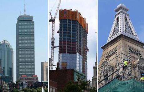 The Prudential Center (left), the new Millennium Tower in Downtown Crossing (center), and the Marriott?s Custom House have all been granted tax breaks.
