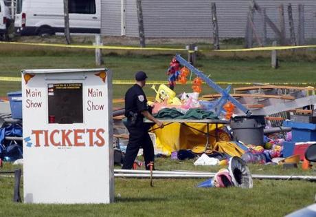 On Tuesday, investigators inspected the site of a circus tent that collapsed during a show at the Lancaster Fair grounds in Lancaster, N.H.
