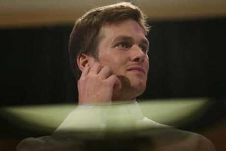 FILE-- New England Patriots quarterback Tom Brady speaks to reporters during the teamâ??s media availability ahead of the Super Bowl in Chandler, Ariz., Jan. 26, 2015. In a statement posted July 29, 2015, on Bradyâ??s Facebook page â?? a day after Commissioner Roger Goodell upheld his four-game suspension for his role in deflating footballs used in the AFC championship game â?? Brady said that he was disappointed in the leagueâ??s decision not to reduce or eliminate his suspension and said that â??neither I, nor any equipment person, did anything of which we have been accused.â?? (Chang W. Lee/The New York Times)
