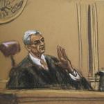 A courtroom sketch of Judge Richard M. Berman during Wednesday?s settlement hearing in New York.