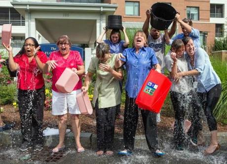 Staff members participated last summer in the ice bucket challenge at the Leonard Florence Center for Living in Chelsea. The ALS Association collected $115 million last year.
