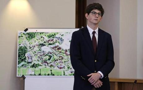 Former St. Paul's School student Owen Labrie stood next to a map of the campus. 
