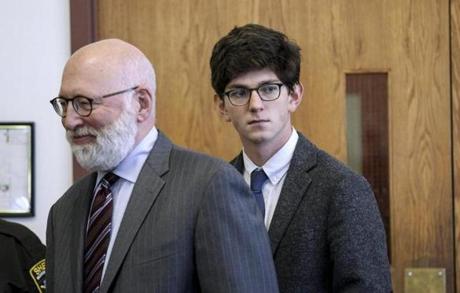 Looking in the direction of the victim's family, former St. Paul's School student Owen Labrie entered the courtroom with his defense attorney J.W. Carney Jr. on Thursday.

