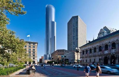 Rendering of proposed Copley Place Towers. A view from Copley Square. (Elkus Manfredi Architects)
