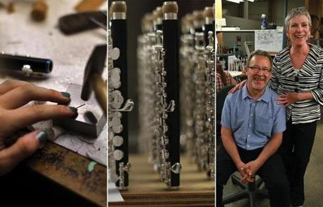 All instruments made at Burkart?s plant in Sharon,
like these piccolos (left), are hand made and use precious metals  such as silver, gold, or platinum.
The company
is owned by Lilian Burkhart and her husband, James Phelan. Silvane DePaula (bottom) is one of the firm?s 26 employees.
