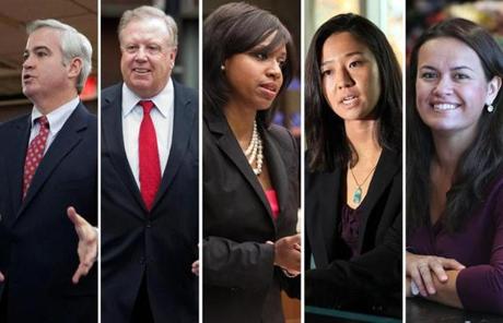 From left: Incumbents Michael Flaherty, Stephen J. Murphy, Ayanna Pressley, and Michelle Wu; and challenger Annissa Essaibi-George.
