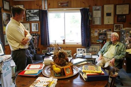 Publisher Brook Holmberg (left) chatted with editor-in-chief Jud Hale in his office at Yankee Magazine in Dublin, N.H., this past week.

