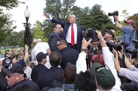 Donald Trump waved to the crowd as he left a Washington, D.C., rally Wednesday opposing the Iran nuclear agreement.
