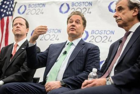 From left: Boston 2024?s Rich Davey, Steve Pagliuca, and David Manfredi at a press conference in late June. 
