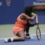 Serena Williams reacts after losing a point Roberta Vinci, of Italy, during a semifinal match at the U.S. Open tennis tournament, Friday, Sept. 11, 2015, in New York. (AP Photo/David Goldman)