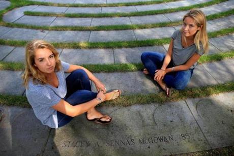 Ryan and Casey McGowan, pictured at the 9/11 memorial labyrinth at Boston College. Their mother, Stacey Sennas McGowan, was killed during the 9/11 attacks.
