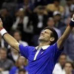 Novak Djokovic, of Serbia, reacts after defeating Roger Federer, of Switzerland, in the men's championship match of the U.S. Open tennis tournament, Sunday, Sept. 13, 2015, in New York. (AP Photo/David Goldman)