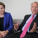 Boston, MA 091515 Attorney General Maura Healey (cq) and Patriots owner Robert Kraft (cq) in one-on-one interview with Shira Springer, Tuesday, September 15 2015. (Globe Staff/Wendy Maeda) section: Sports slug: Kraft&Healey reporter: Shira Springer
