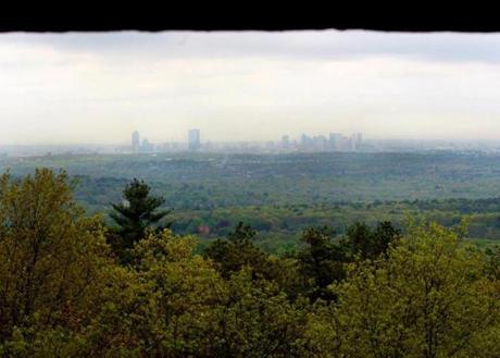 A view of Boston from Eliot Tower, which is located on the Blue Hills Reservation.
