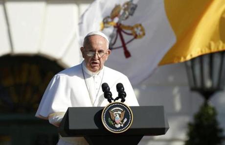 Pope Francis speaks durinSpeaking at the White House, Pope Francis said climate change 