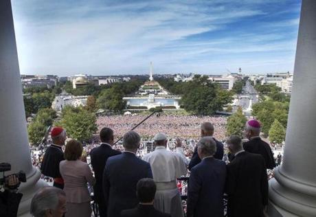 Pope Francis was welcomed to the US Capitol by members of Congress on Thursday.
