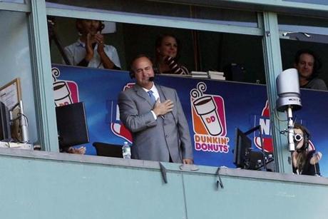 Boston, Massachusetts -- 9/27/2015-- Don Orsillo waves to the crowd as the Red Sox pay tribute to him during the seventh inning against the Baltimore Orioles at Fenway Park in Boston, Massachusetts September 27, 2015. Jessica Rinaldi/Globe Staff Topic: Redsox-Orioles Reporter: 
